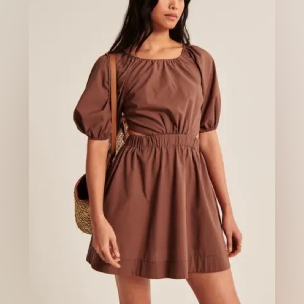 Abercrombie & Fitch Cut Out Open Back Puff Sleeve  Dress Brown Size S